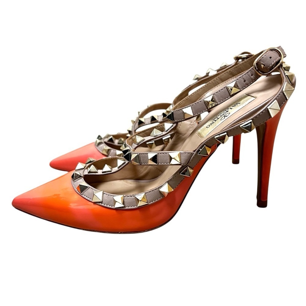 Valentino 6 Calfskin Nappa Rockstud T-Strap Patent Orange Poudre Pumps Heels - Picture 9 of 16